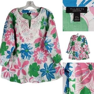 Talbots Long Sleeve Tunic Womens Plus 2XP Resort Beach Floral Top Cotton